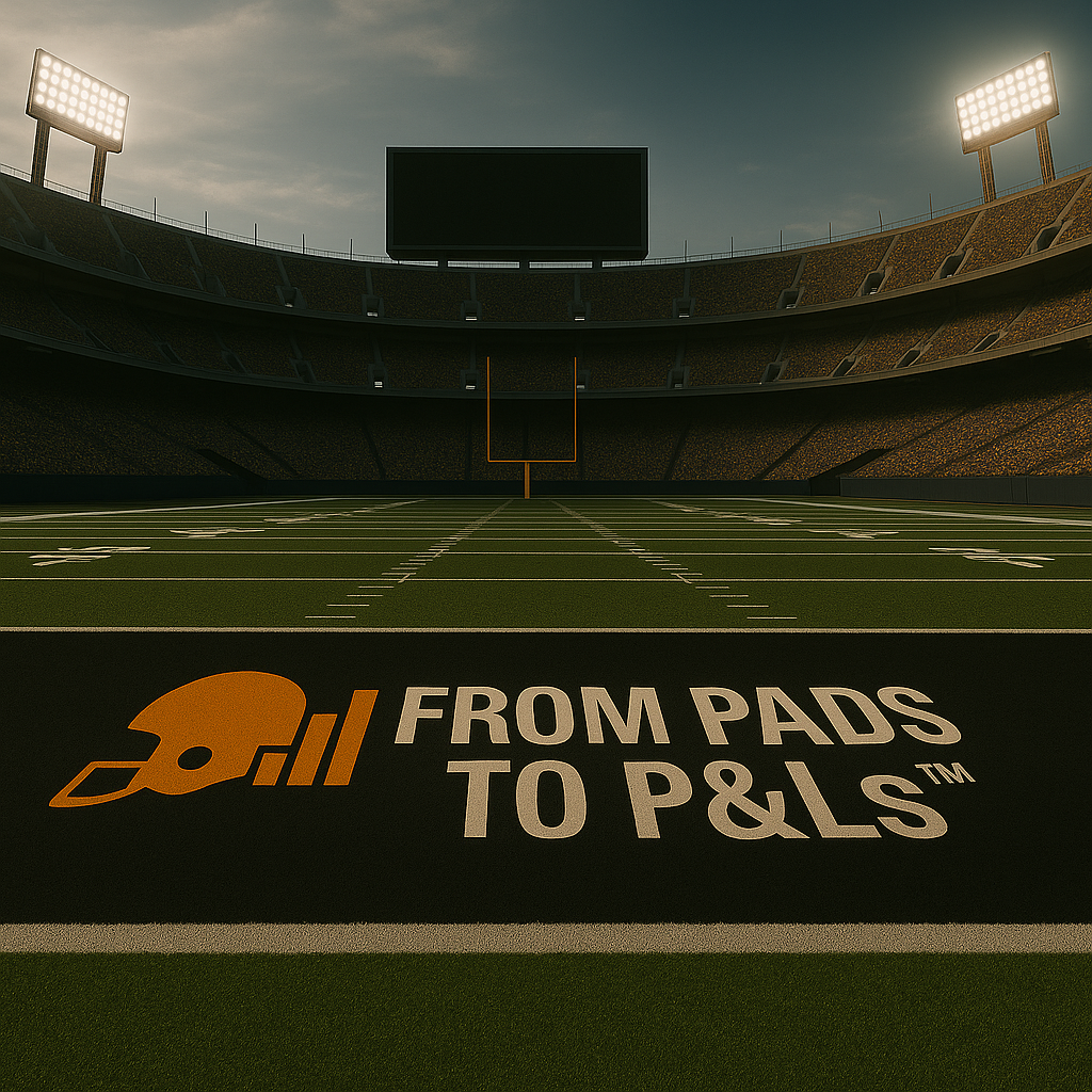 Football stadium with black endzone painted with “From Pads to P&Ls™” — symbolizing the transformation from athlete to elite Black business leader.